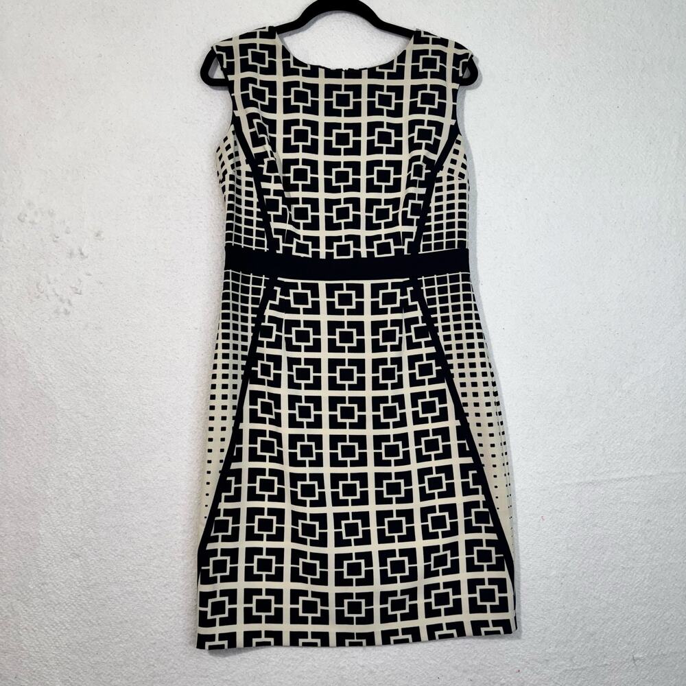 Maggy London Ebony/Ivory Geometric Print Sheath Fitted Sleeveless Dress Size 10